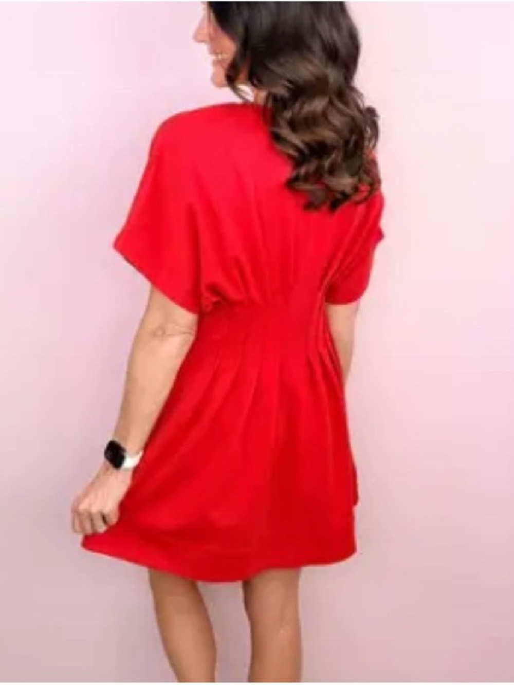 Women's Red V-Neck Pleated Fit-and-Flare Dress - NWT - Picture 2 of 8